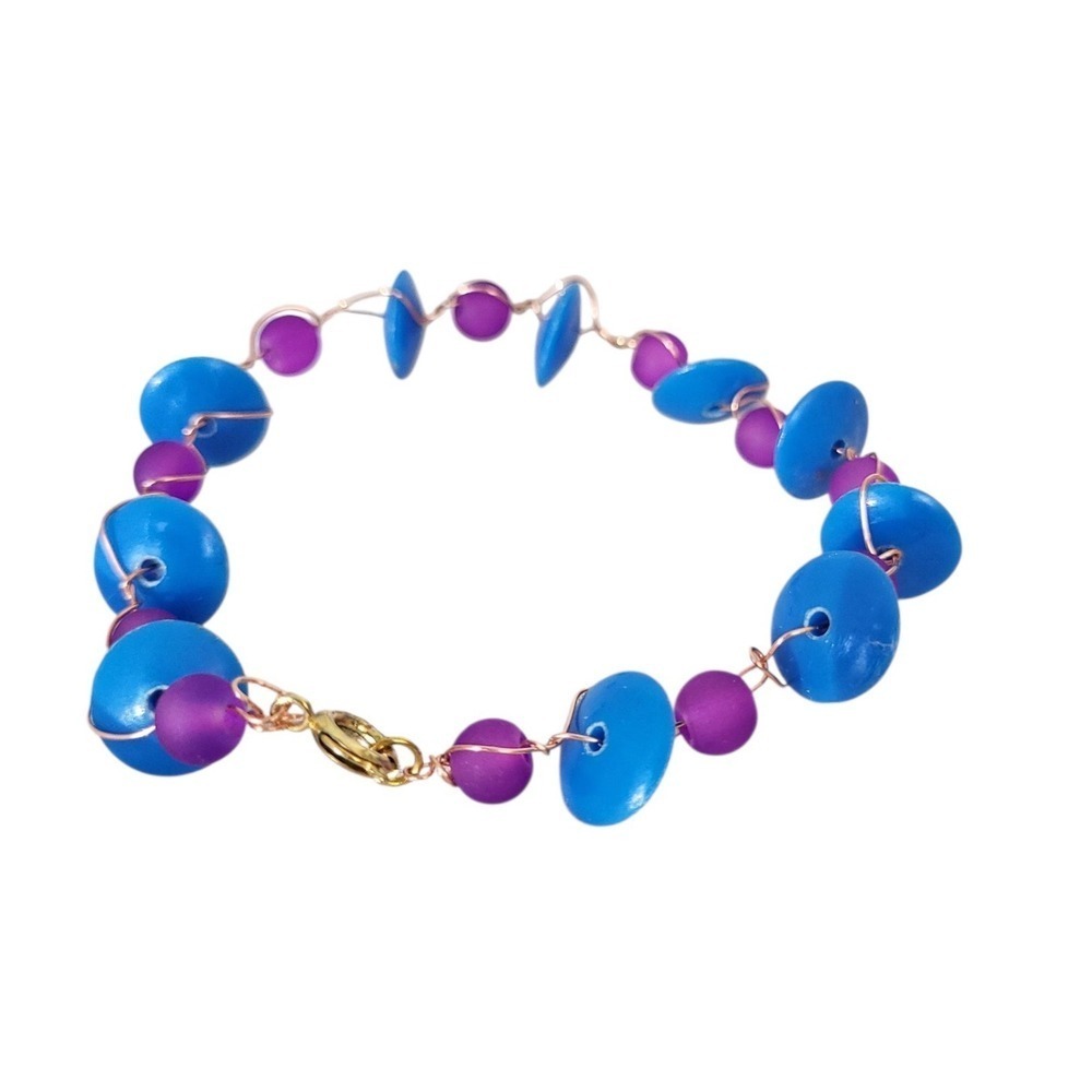 Handmade Beaded Bracelet Blue Purple Disc Beads Gold Tone Clasp